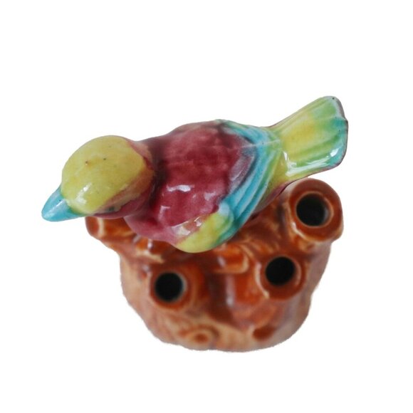 Vintage Japanese Ceramic Bird On Tree Stump Flower Frog Figurine 4" - Picture 5 of 6